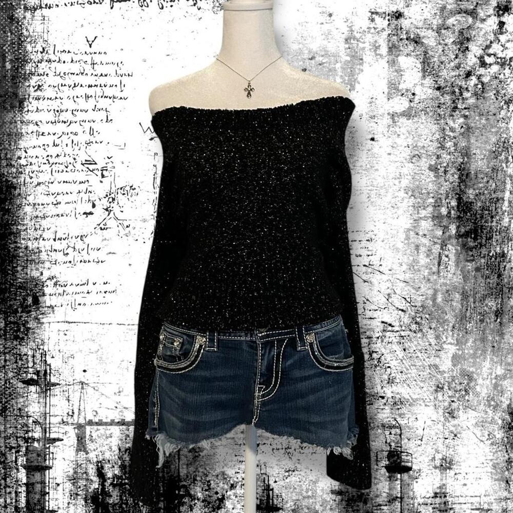 raw wide neck cut black glitter shimmer sweater knit top